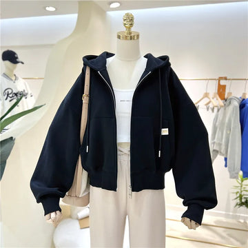 Getadme Hoodies Women Solid Color Cardigan Vintage Jacket Hip Hop Harajuku Fashion Casual Hooded Long-sleeved Sweatshirt Clothes
